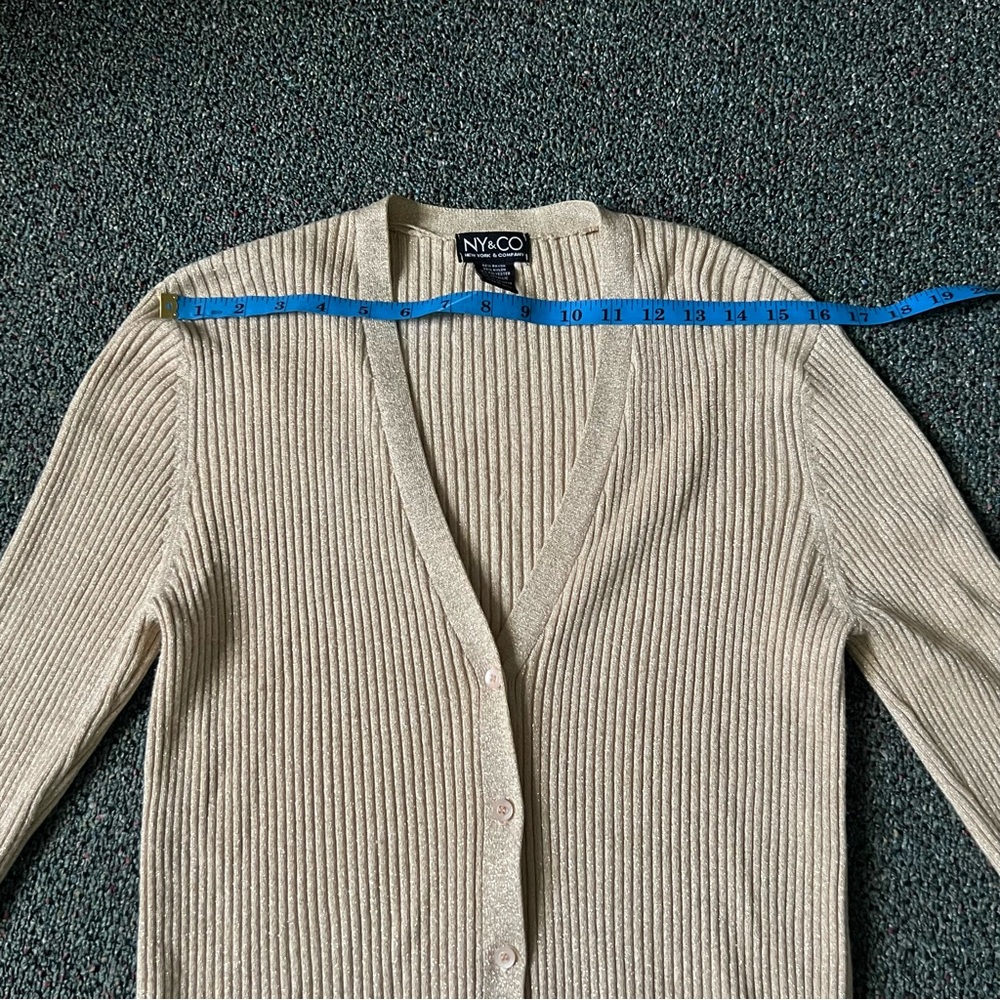 Gold Glitter Shimmer Formal Modest Long-Sleeve Ribbed Belted Cardigan Sweater L - Picture 12 of 16